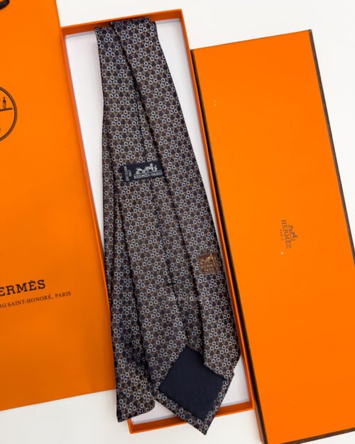 Hermes Brown SQUARE STIRRUP SILK TIE