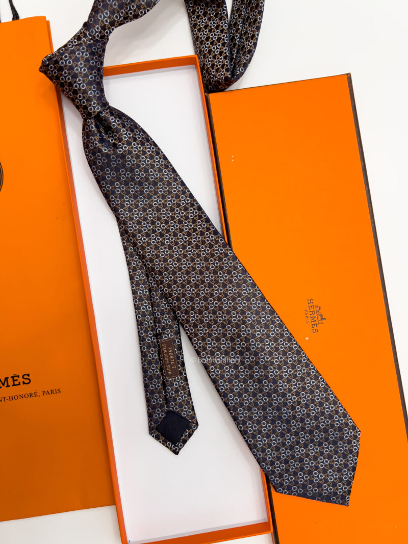 Hermes Brown SQUARE STIRRUP SILK TIE