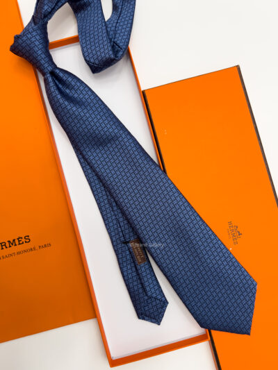 Hermes Denim Blue FACONNEE H SILK TIE