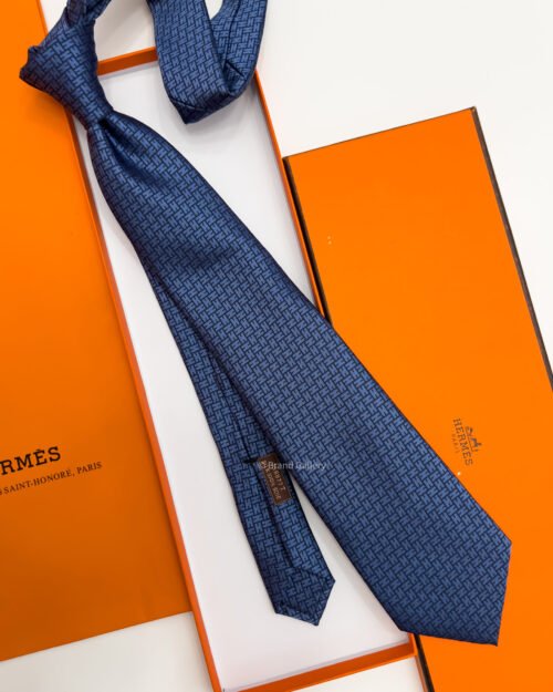 Hermes Denim Blue FACONNEE H SILK TIE