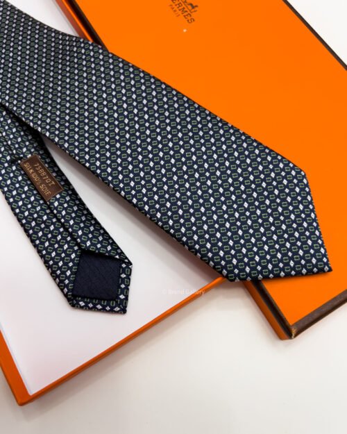 Hermes Navy Green MAILLON SHIRTING SILK TIE