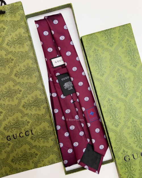 Gucci Burgundy GG CIRCLE FRAMED PATTERN SILK TIE