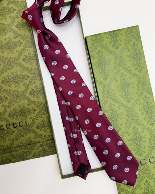 Gucci Burgundy GG CIRCLE FRAMED PATTERN SILK TIE