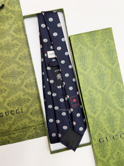 Gucci Navy GG CIRCLE FRAMED PATTERN SILK TIE