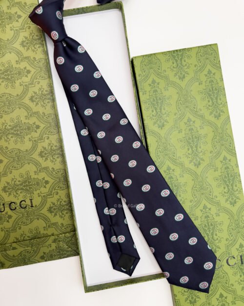 Gucci Navy GG CIRCLE FRAMED PATTERN SILK TIE