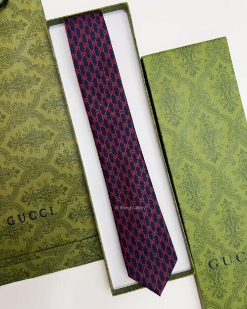 Gucci Navy Red GG GEOMETRIC MONOGRAM SILK TIE