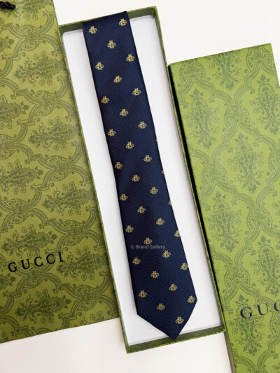 Gucci Navy GOLD BEES PATTERN SILK TIE