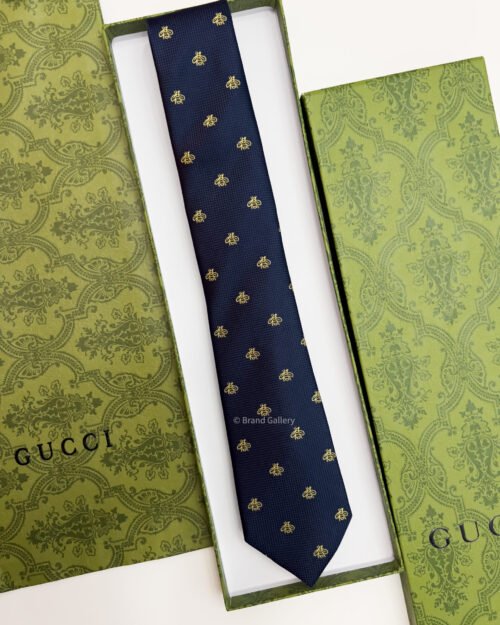 Gucci Navy GOLD BEES PATTERN SILK TIE