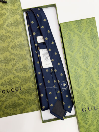 Gucci Navy GOLD BEES PATTERN SILK TIE