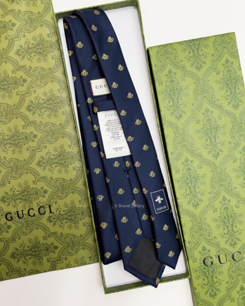 Gucci Navy GOLD BEES PATTERN SILK TIE