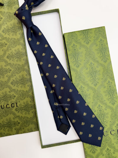 Gucci Navy GOLD BEES PATTERN SILK TIE