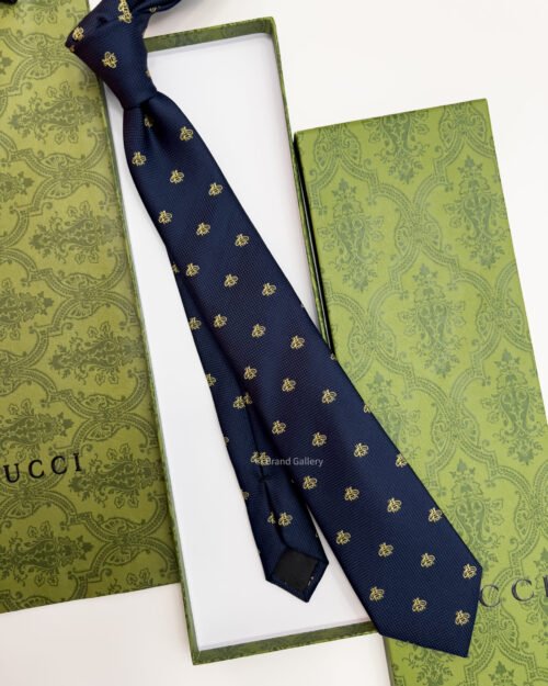 Gucci Navy GOLD BEES PATTERN SILK TIE