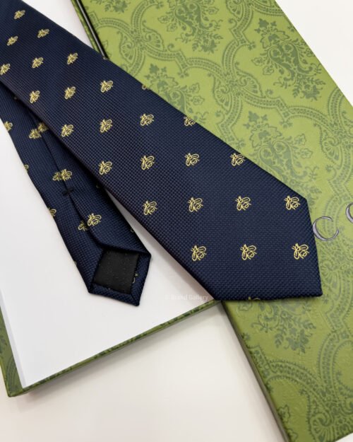 Gucci Navy GOLD BEES PATTERN SILK TIE