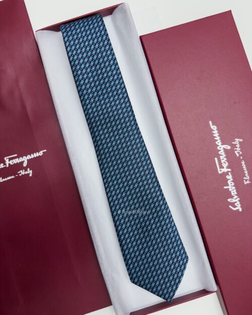Ferragamo Navy ITALIC GANCINI PATTERN SILK TIE