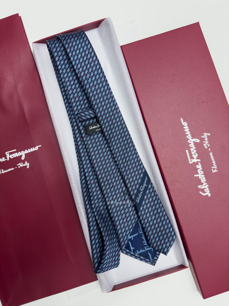 Ferragamo Navy ITALIC GANCINI PATTERN SILK TIE