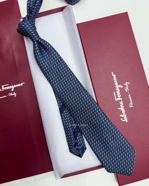 Ferragamo Navy ITALIC GANCINI PATTERN SILK TIE