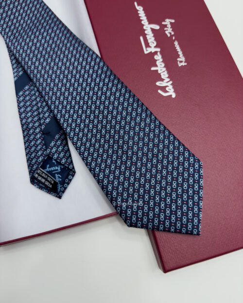 Ferragamo Navy ITALIC GANCINI PATTERN SILK TIE