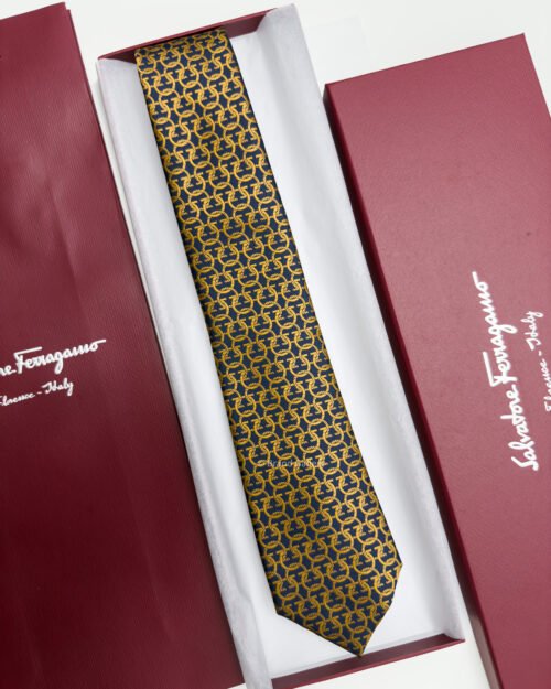 Ferragamo Navy Bronze ENTANGLED GANCINI SILK TIE