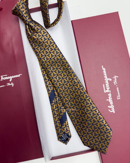Ferragamo Navy Bronze ENTANGLED GANCINI SILK TIE
