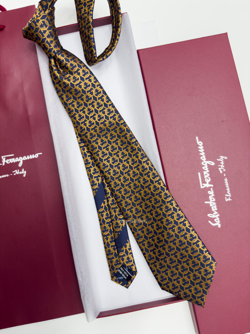 Ferragamo Navy Bronze ENTANGLED GANCINI SILK TIE