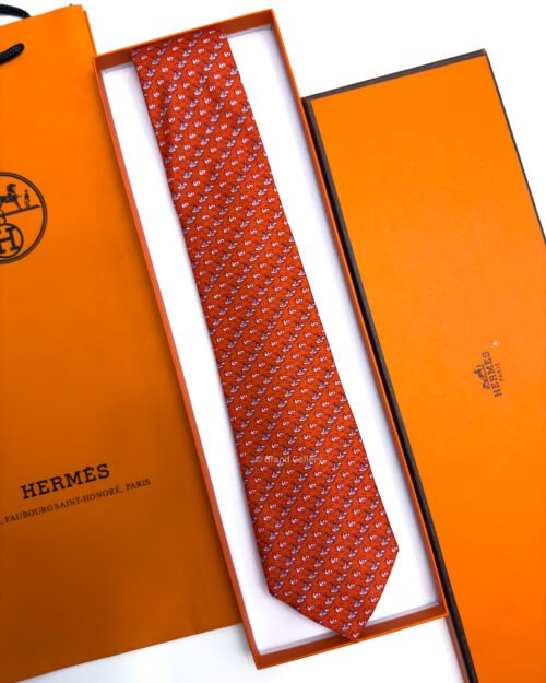 Hermes Burnt Orange DUCK PATTERN SOFT SILK TIE