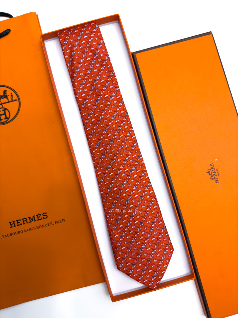 Hermes Burnt Orange DUCK PATTERN SOFT SILK TIE