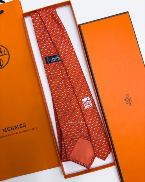 Hermes Burnt Orange DUCK PATTERN SOFT SILK TIE
