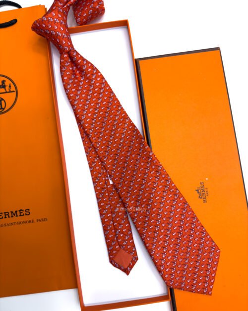 Hermes Burnt Orange DUCK PATTERN SOFT SILK TIE