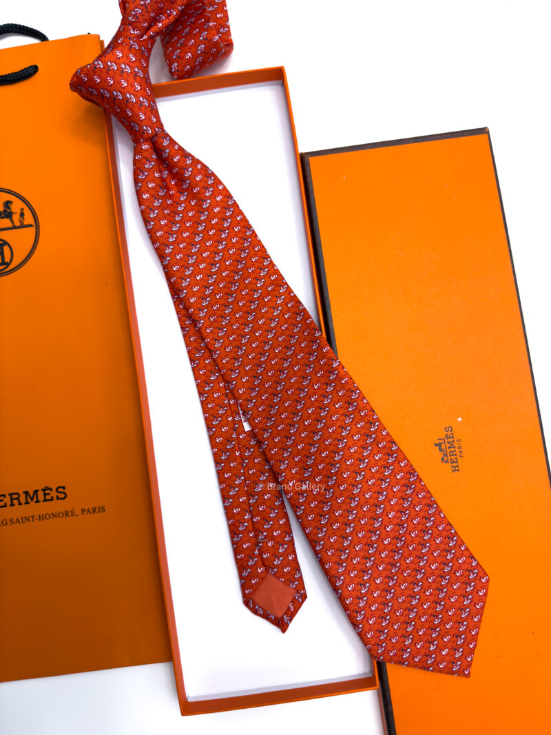 Hermes Burnt Orange DUCK PATTERN SOFT SILK TIE