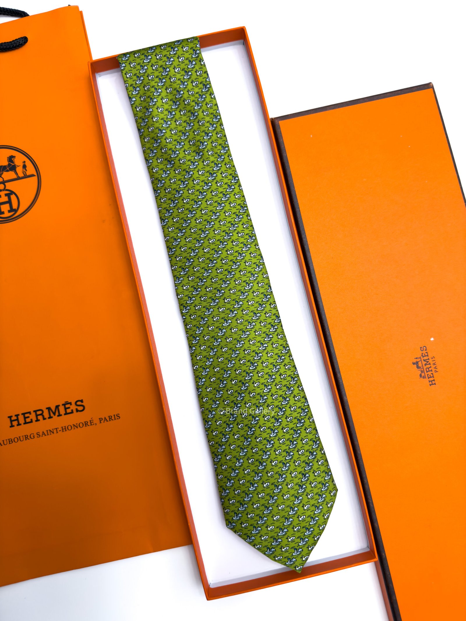 Hermes Maximum Green DUCK PATTERN SOFT SILK TIE