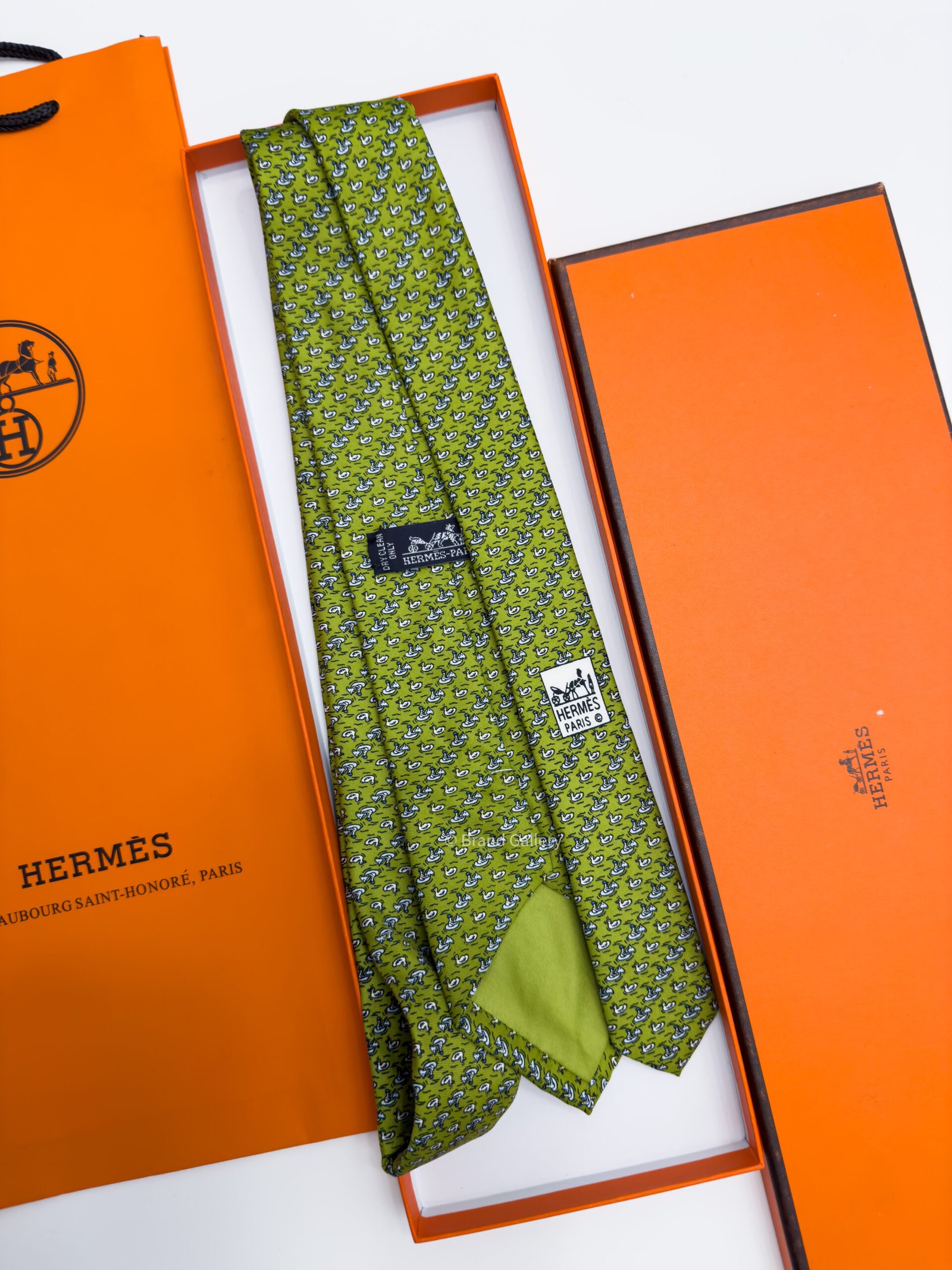 Hermes Maximum Green DUCK PATTERN SOFT SILK TIE