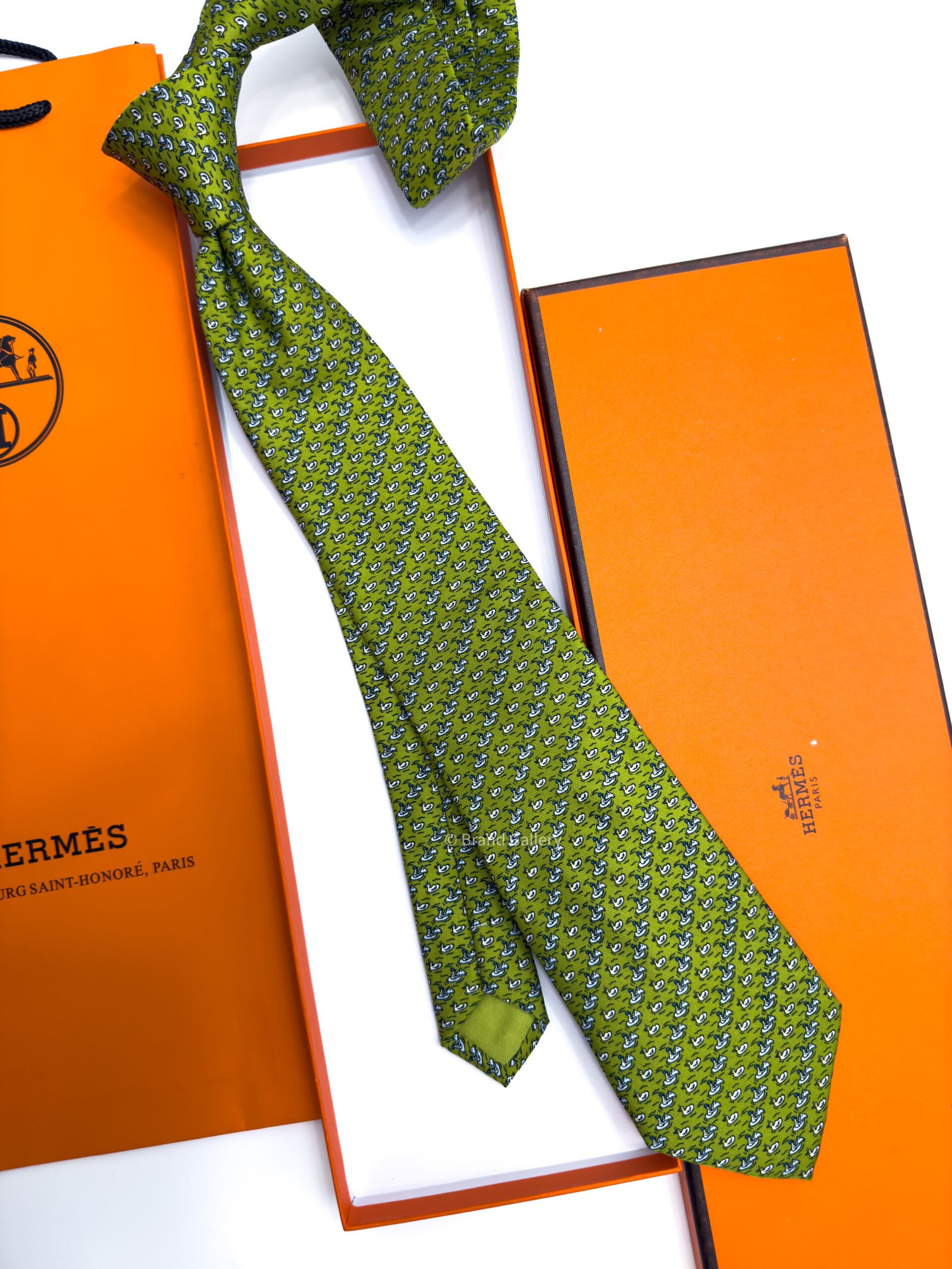 Hermes Maximum Green DUCK PATTERN SOFT SILK TIE