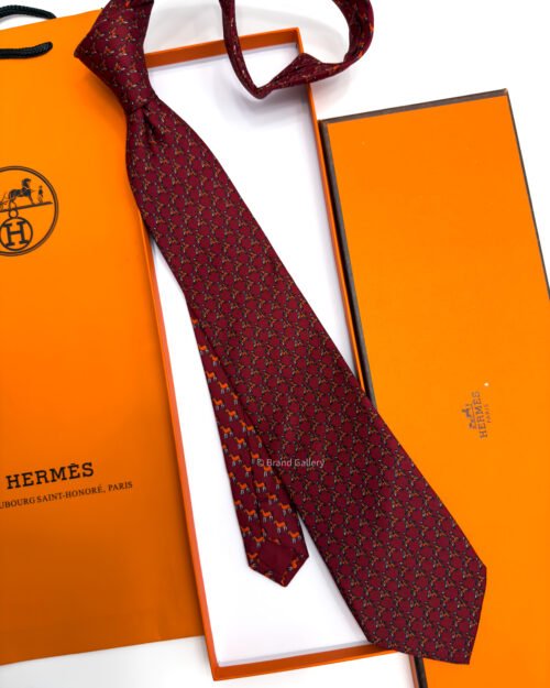 Hermes Maroon ORIGAMI HORSE PATTERN SOFT SILK TIE