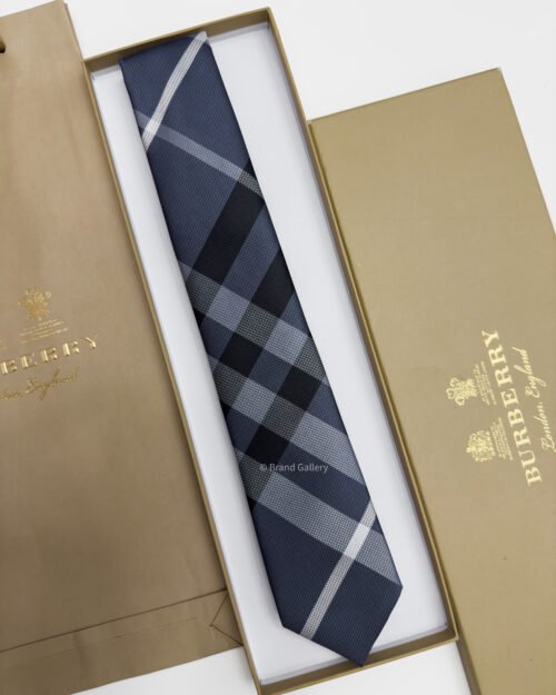 Burberry Blue Grey THIN CHECK SILK TIE