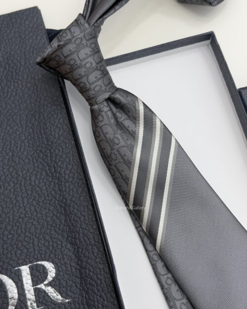 Dior Grey STRIPED OBLIQUE SILK TIE