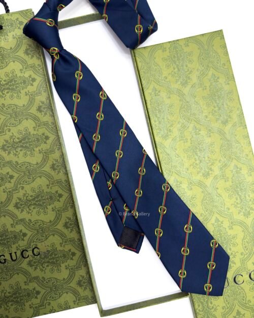 Gucci Blue DIAGONAL HORSESHOE SOFT SILK TIE