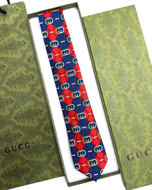 Gucci Blue Red Interlocking-G RHOMBUS SOFT SILK TIE