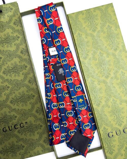 Gucci Blue Red Interlocking-G RHOMBUS SOFT SILK TIE