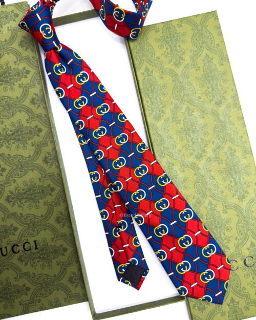 Gucci Blue Red Interlocking-G RHOMBUS SOFT SILK TIE