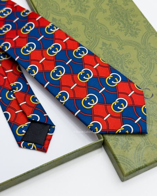 Gucci Blue Red Interlocking-G RHOMBUS SOFT SILK TIE