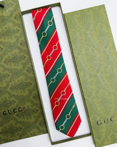 Gucci Green and Red HORSEBIT CHAIN SOFT SILK TIE