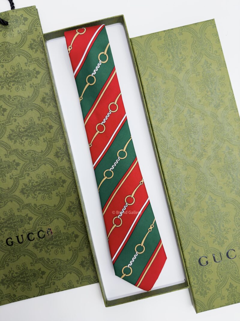 Gucci Green and Red HORSEBIT CHAIN SOFT SILK TIE