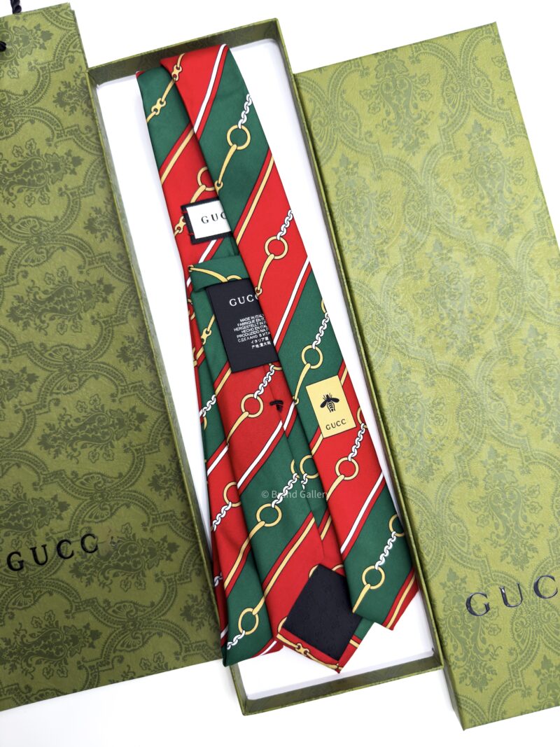 Gucci Green and Red HORSEBIT CHAIN SOFT SILK TIE