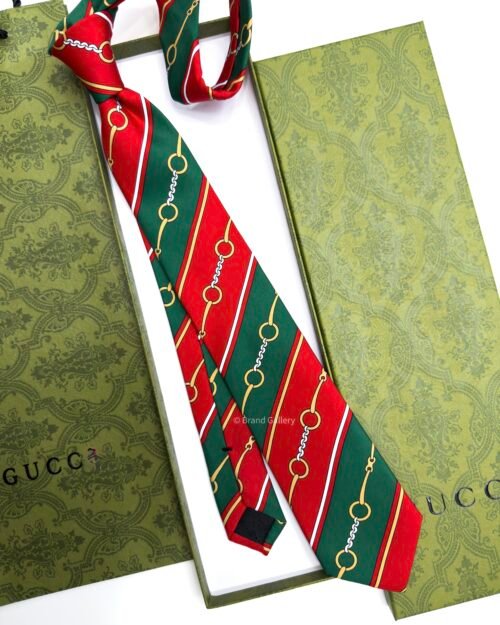 Gucci Green and Red HORSEBIT CHAIN SOFT SILK TIE