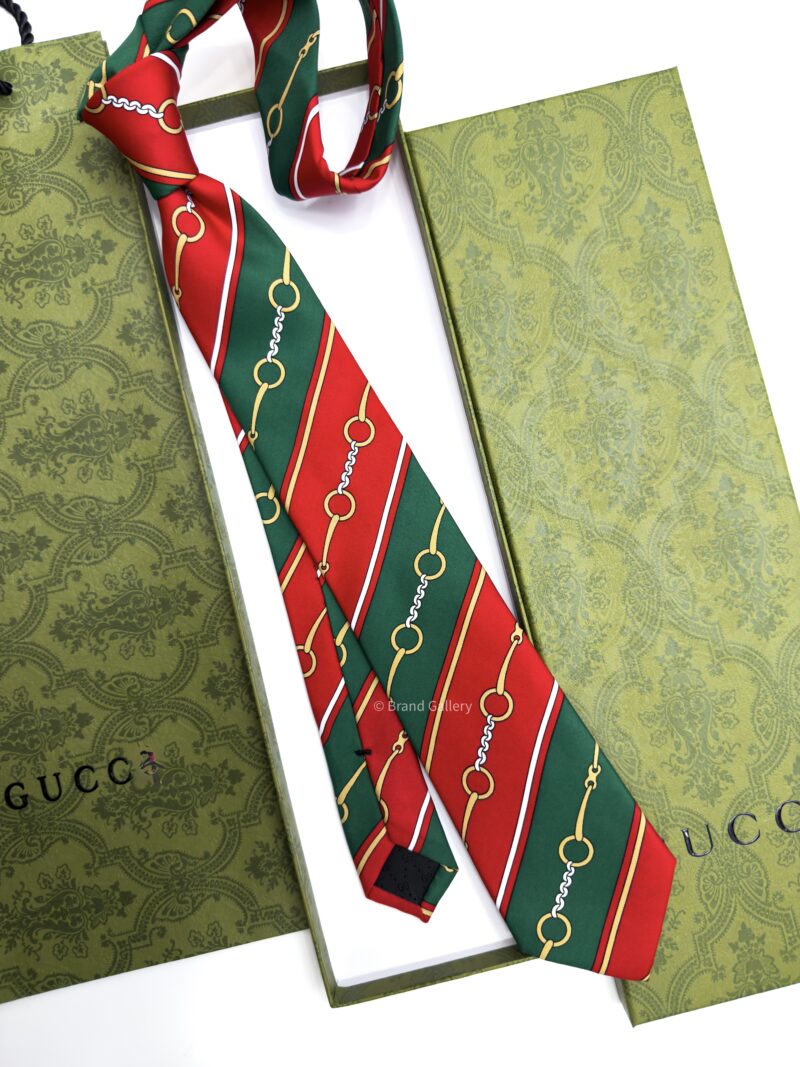 Gucci Green and Red HORSEBIT CHAIN SOFT SILK TIE