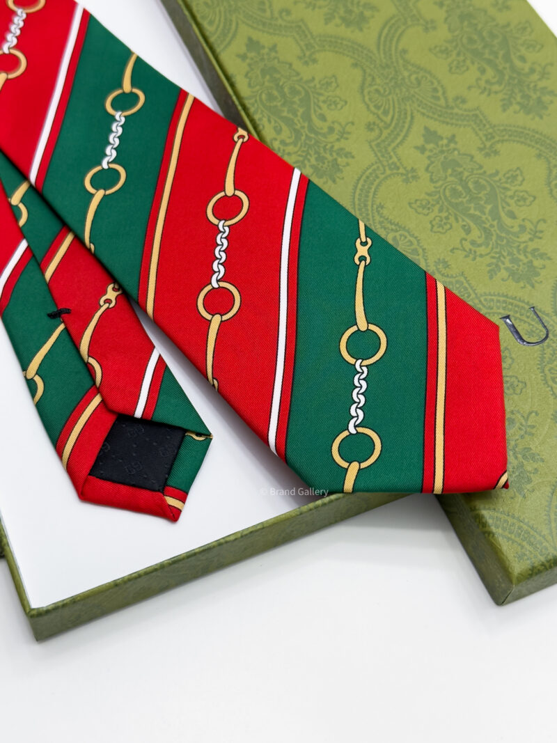 Gucci Green and Red HORSEBIT CHAIN SOFT SILK TIE