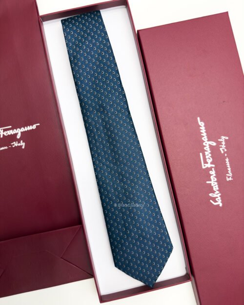 Ferragamo Salvatore Marine Blue SMALL GANCINI PATTERN SILK TIE