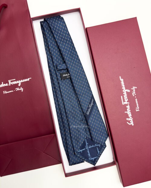 Ferragamo Salvatore Marine Blue SMALL GANCINI PATTERN SILK TIE