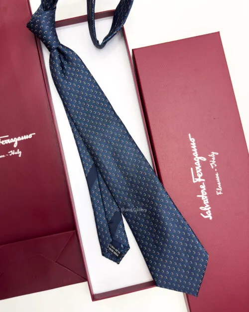 Ferragamo Salvatore Marine Blue SMALL GANCINI PATTERN SILK TIE