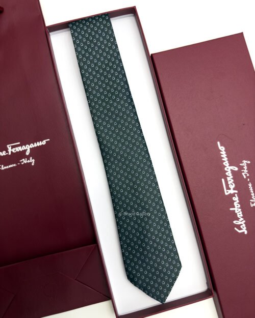 Ferragamo Salvatore Dark Gray Green SMALL GANCINI PATTERN SILK TIE